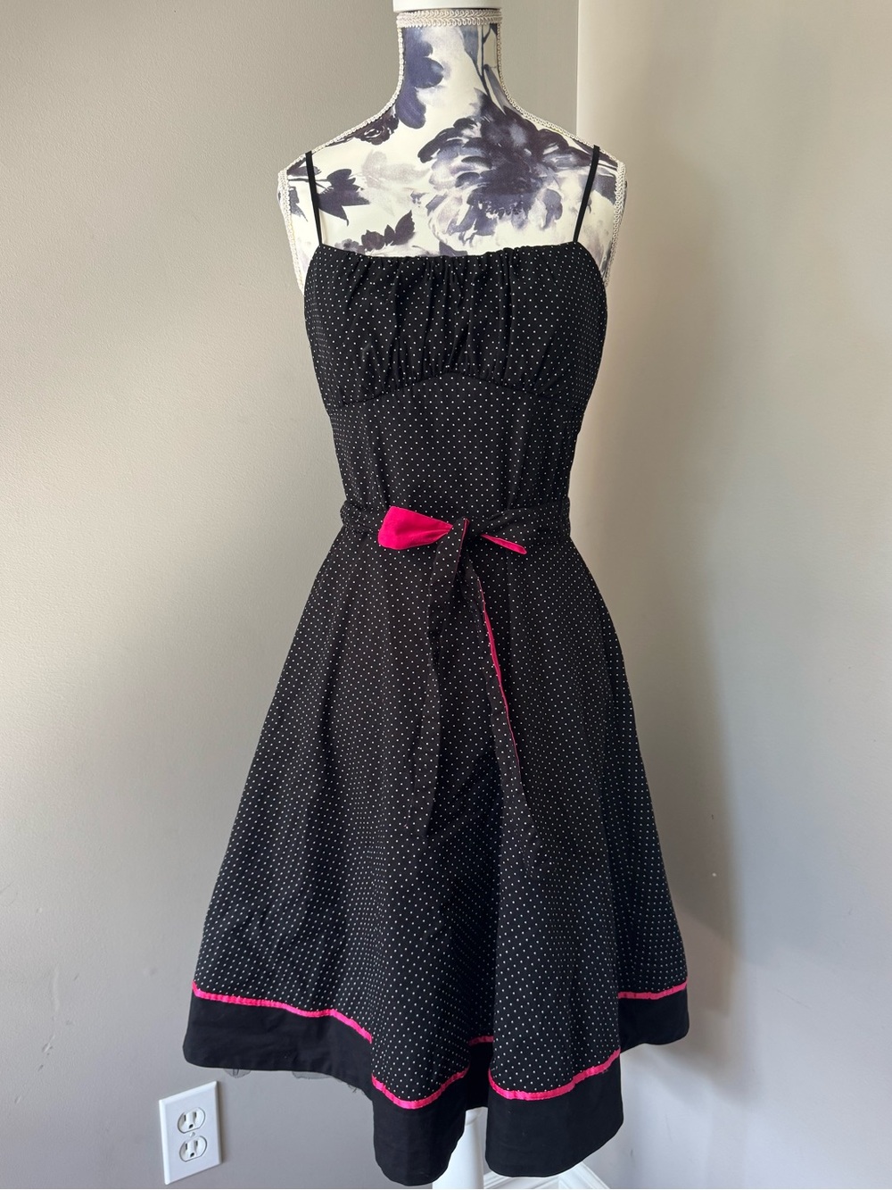 Y2K Ruby Rox Black Polka Dot Midi Dress with Pink Trim and Ribbon Belt